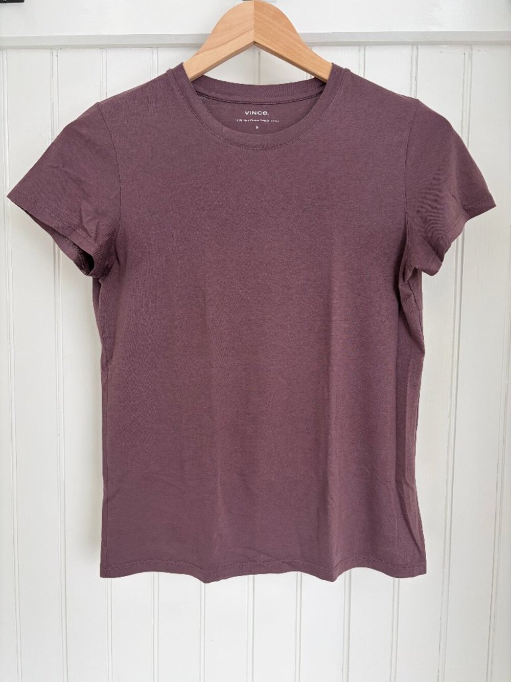 Vince Essential Pima Cotton Crewneck Tee — Fig Plum Short Sleeve, Size S